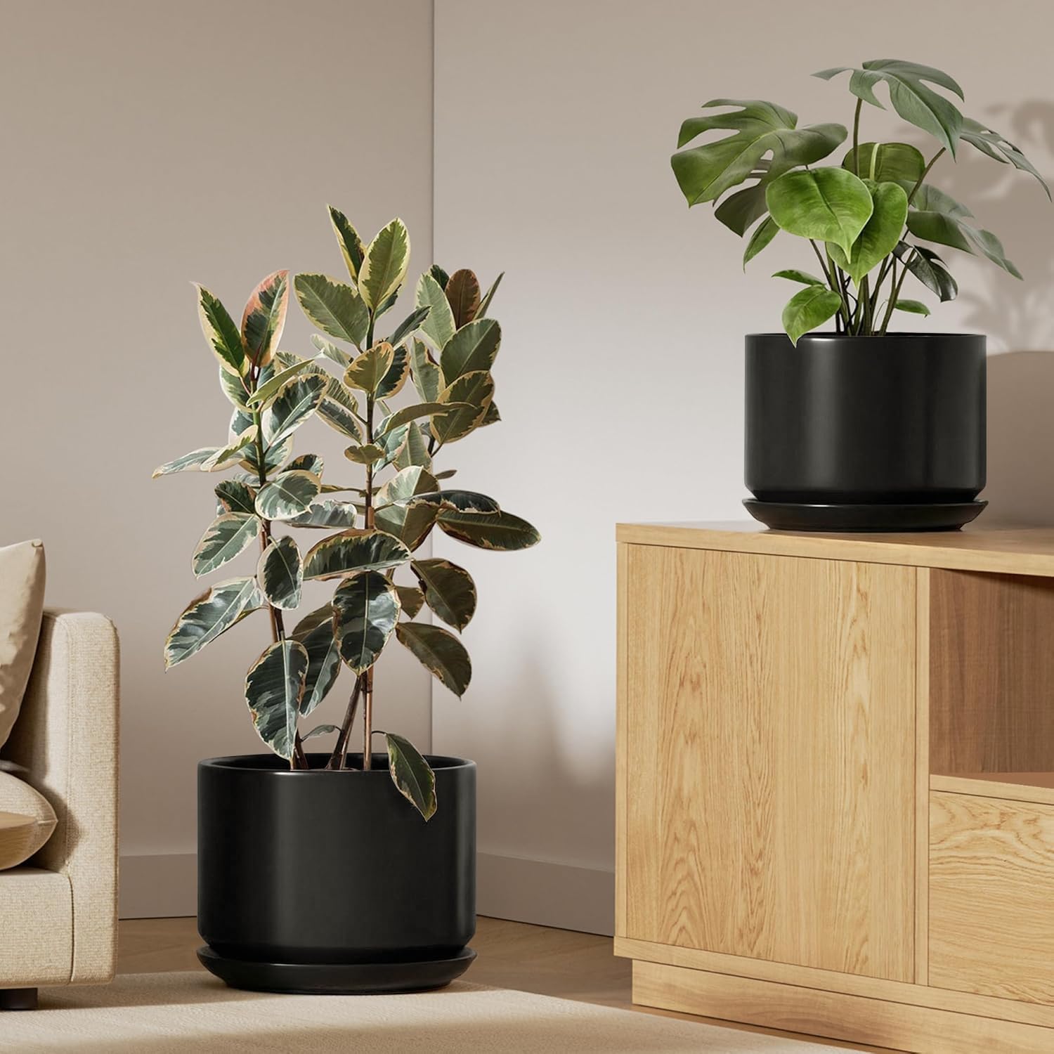 LE TAUCI Ceramic Pots for Plants, 10 Inch Plant Pot with Drainage Hole & Saucer, Sturdy & Modern Planters for Indoor Plants, Includes Mesh Screen, Fits Snake Plant & Monstera, White