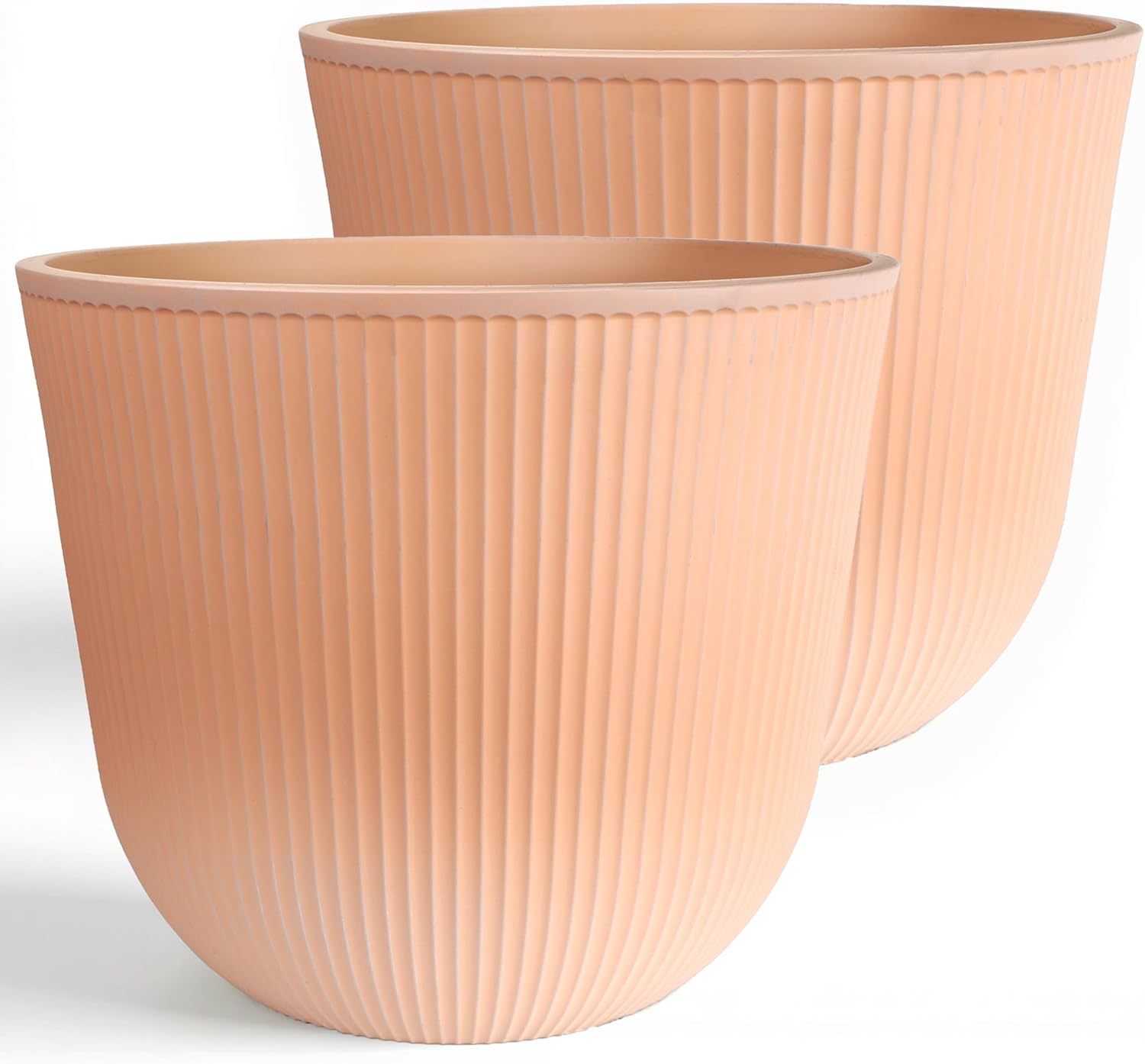 Worth Garden Round Large Planter Pot Set of 2-17.5" Dia x 15.5" H - Durable Plastic White Plant Tree Pots with Vertical Stripe Textured Finish, Drainage Hole for Indoor, Outdoor, Front Porch, Patio