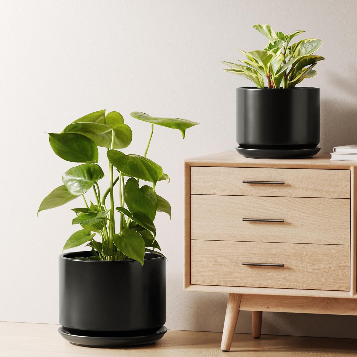 LE TAUCI Ceramic Pots for Plants, 10 Inch Plant Pot with Drainage Hole & Saucer, Sturdy & Modern Planters for Indoor Plants, Includes Mesh Screen, Fits Snake Plant & Monstera, White