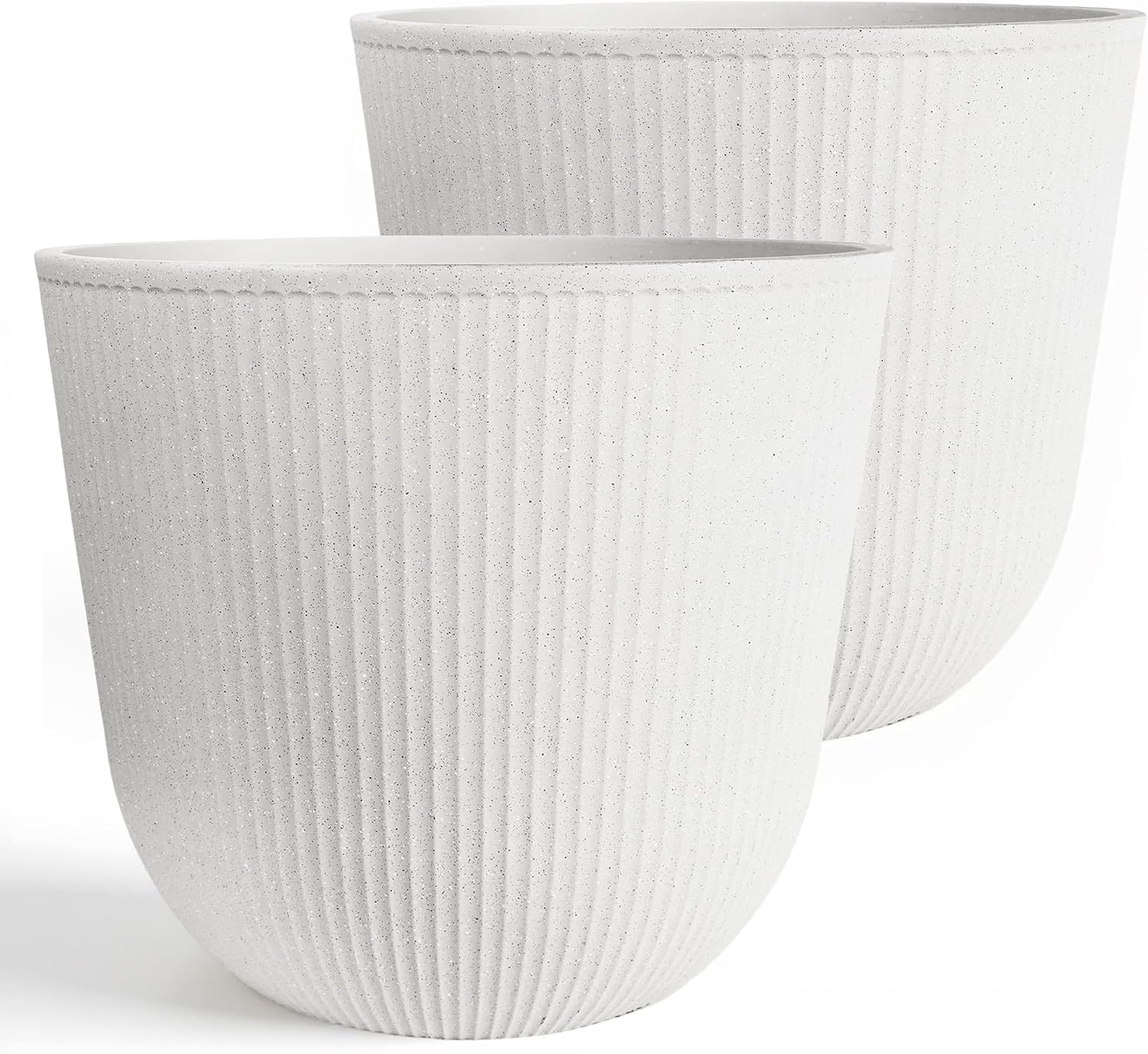 Worth Garden Round Large Planter Pot Set of 2-17.5" Dia x 15.5" H - Durable Plastic White Plant Tree Pots with Vertical Stripe Textured Finish, Drainage Hole for Indoor, Outdoor, Front Porch, Patio