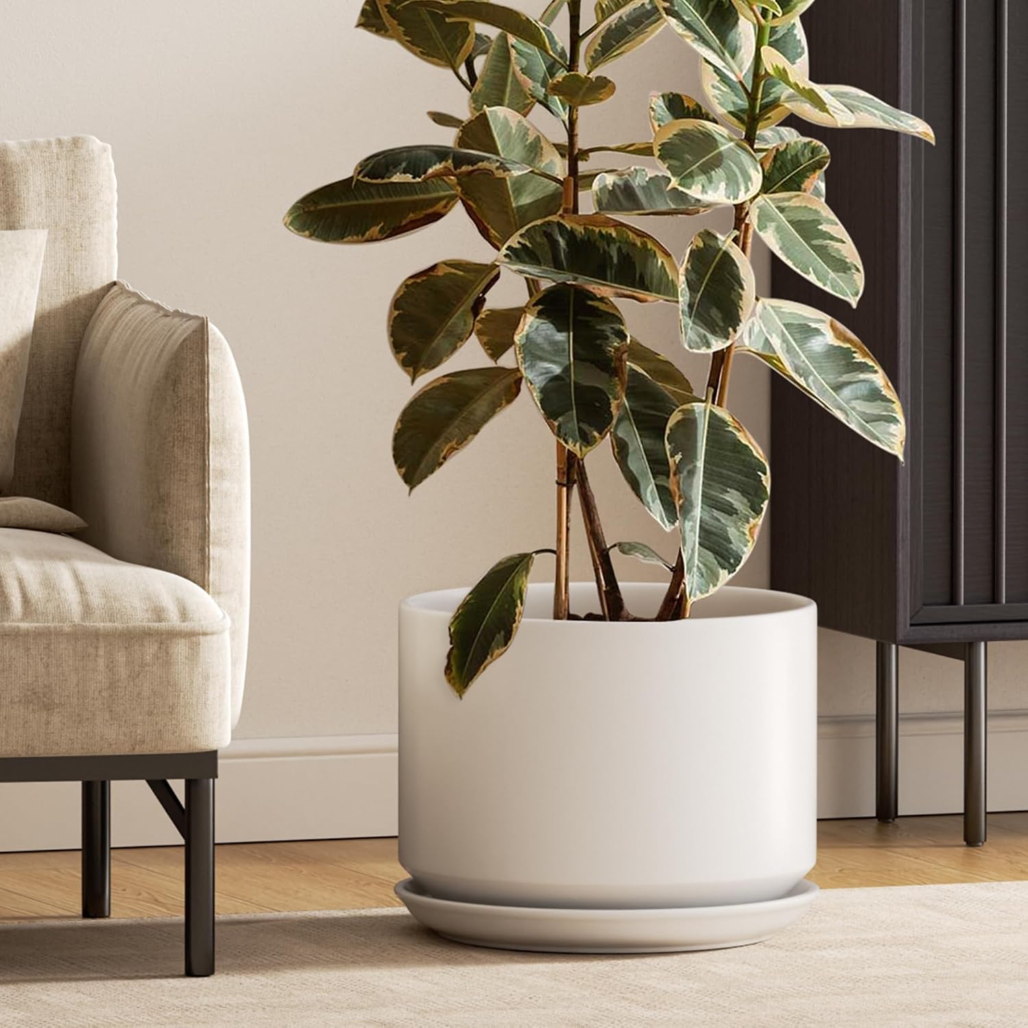 LE TAUCI Ceramic Pots for Plants, 10 Inch Plant Pot with Drainage Hole & Saucer, Sturdy & Modern Planters for Indoor Plants, Includes Mesh Screen, Fits Snake Plant & Monstera, White