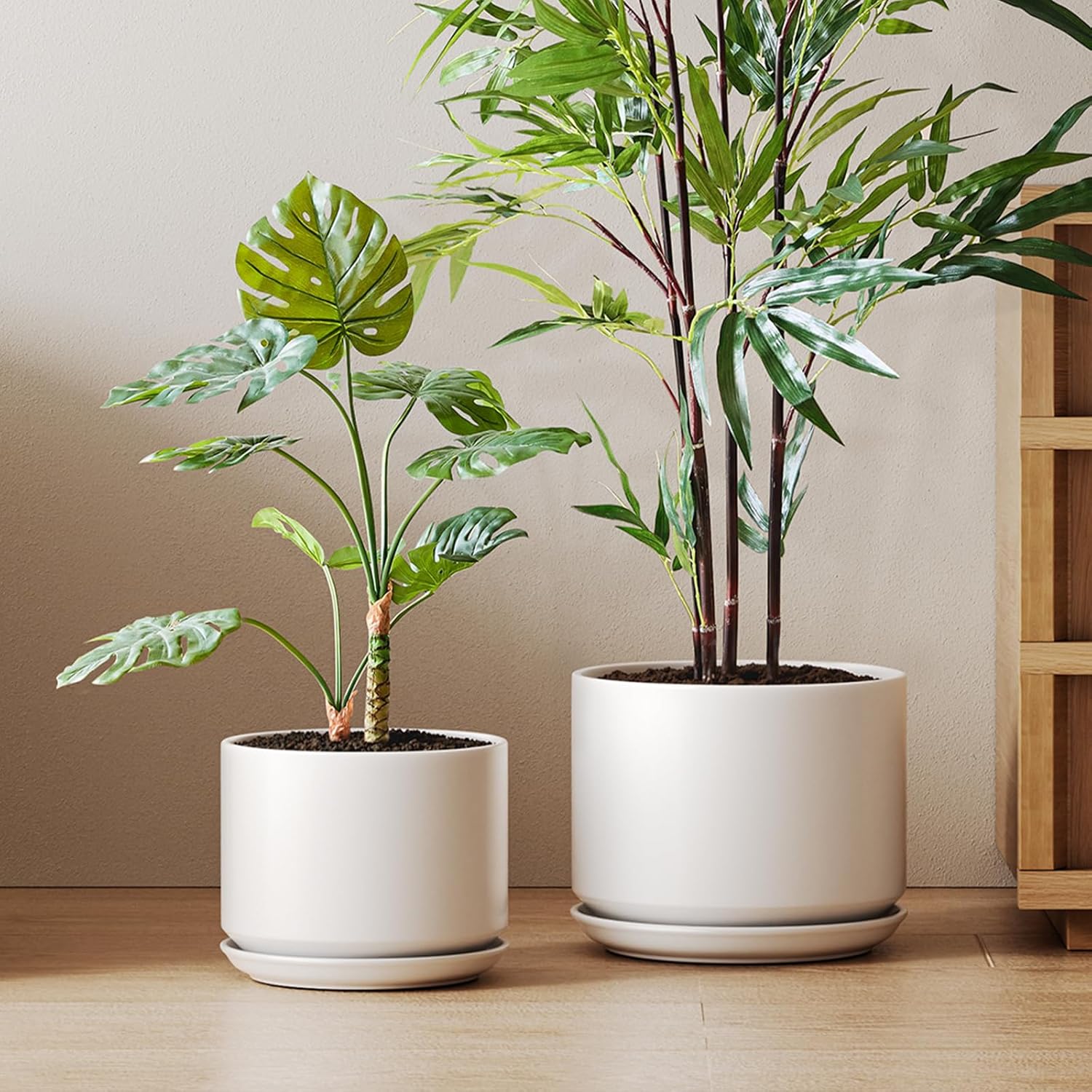 LE TAUCI Ceramic Pots for Plants, 10 Inch Plant Pot with Drainage Hole & Saucer, Sturdy & Modern Planters for Indoor Plants, Includes Mesh Screen, Fits Snake Plant & Monstera, White