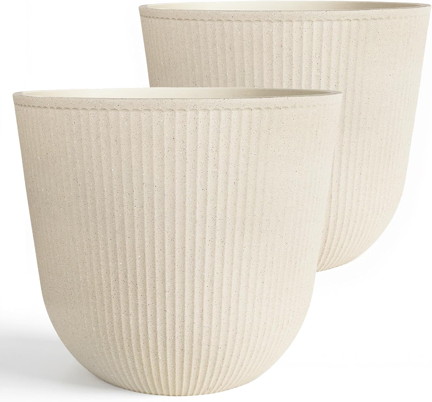 Worth Garden Round Large Planter Pot Set of 2-17.5" Dia x 15.5" H - Durable Plastic White Plant Tree Pots with Vertical Stripe Textured Finish, Drainage Hole for Indoor, Outdoor, Front Porch, Patio
